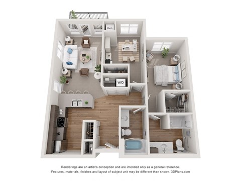 Floor plan for 2 beds, 2 baths, 1039 sqft